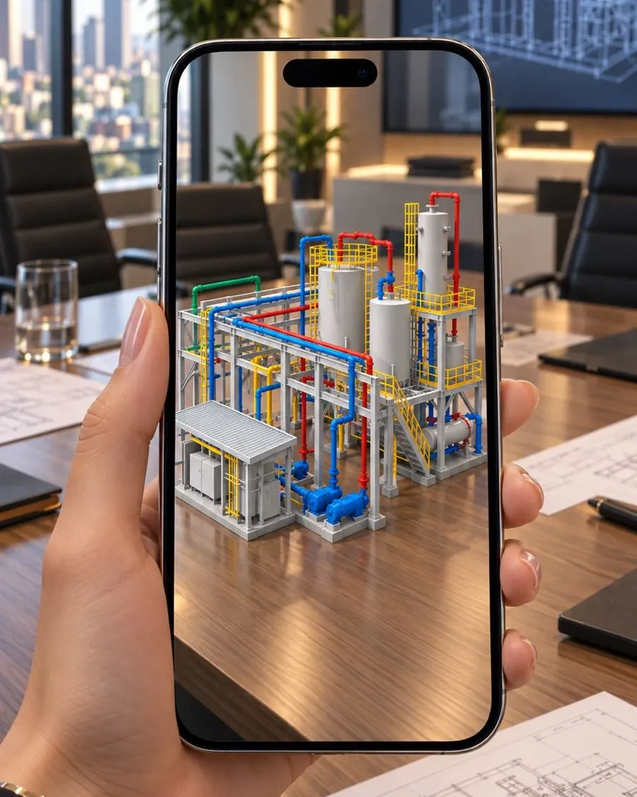 Celular mostrando o modelo de uma planta industrial em Realidade Aumentada sobre a mesa de reunião