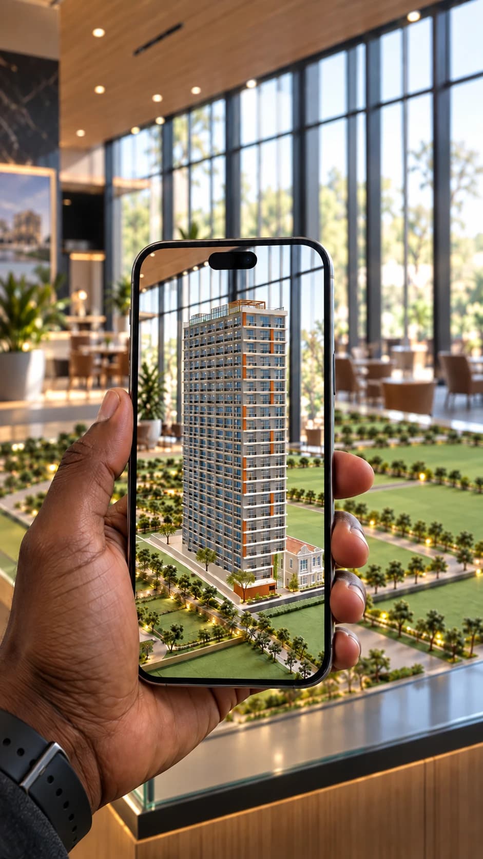 Celular mostrando a torre em Realidade Aumentada sobre a maquete de implantação